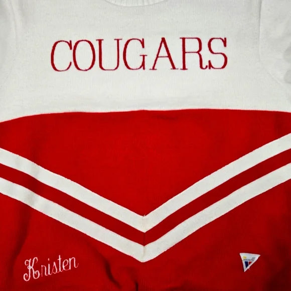 Vintage Varsity Cheerleader Sweater Red White Chevron Stripe Cougars Size S 80s - Picture 2 of 10